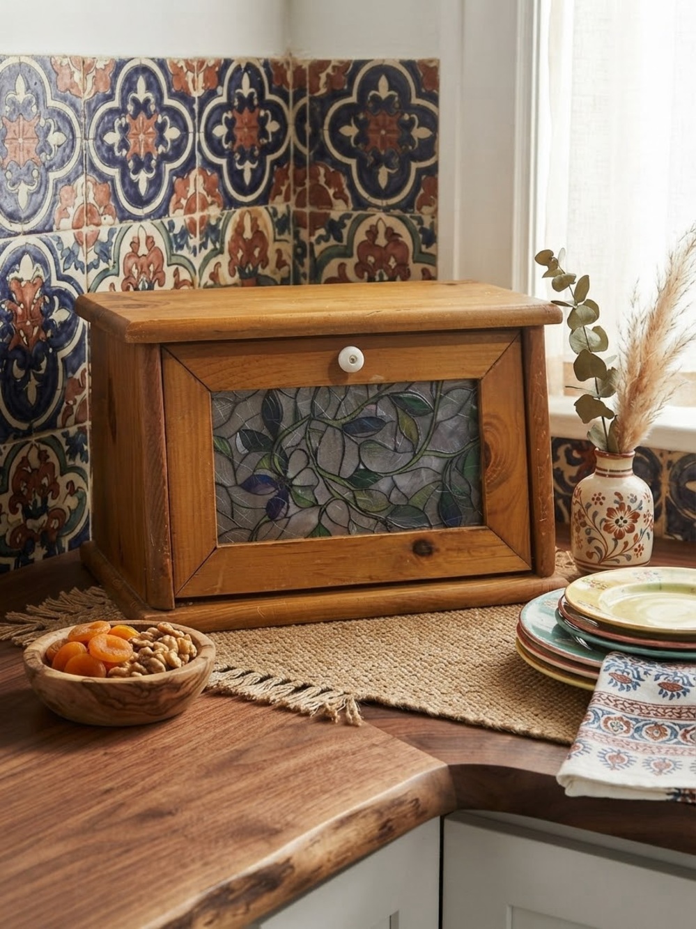 Vintage Solid Pine Wood Bread Box Stained Glass Style Floral Front Kitchen